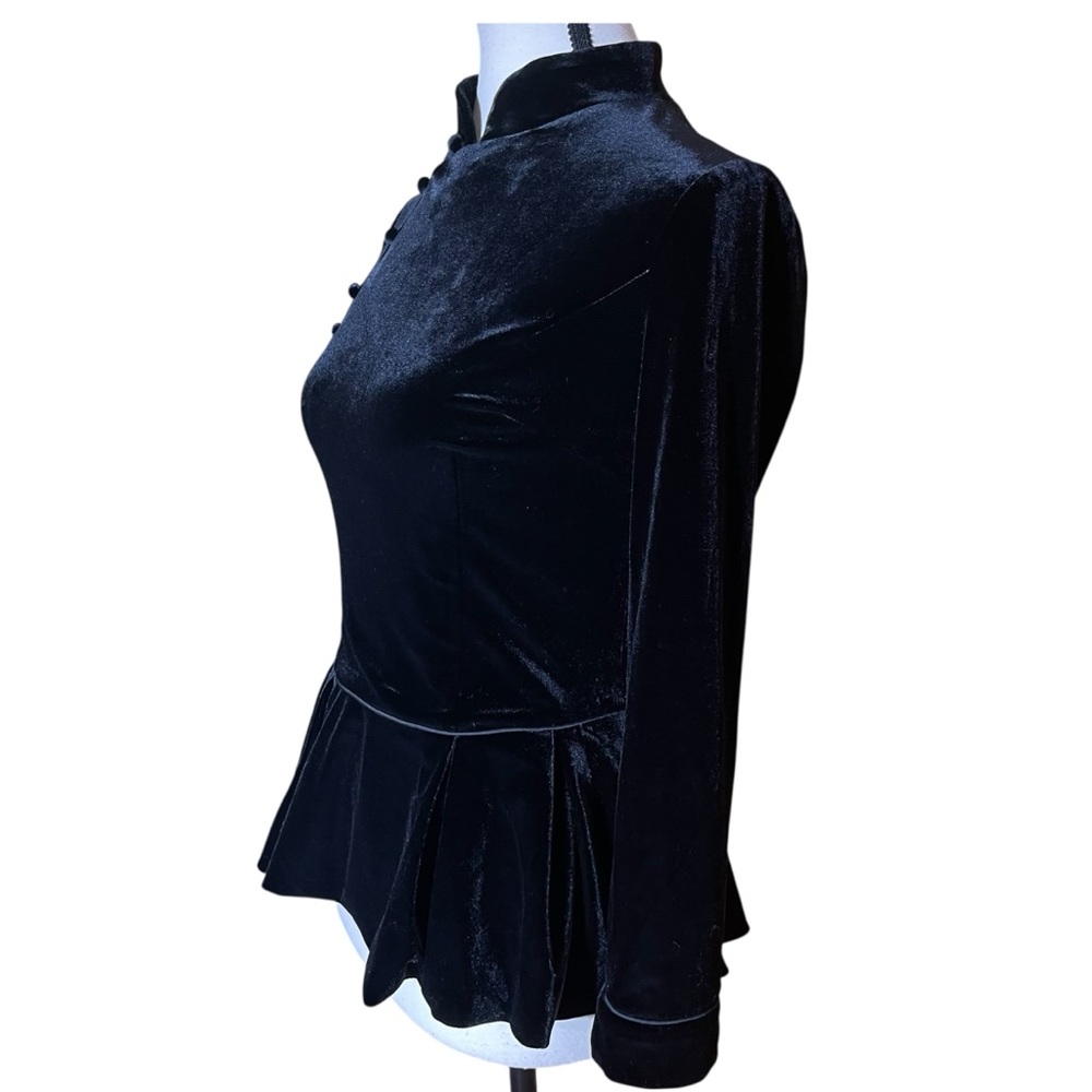S Black Velvet Mandarin Collar Peplum Top Asian Inspired Back Zip - Picture 5 of 12